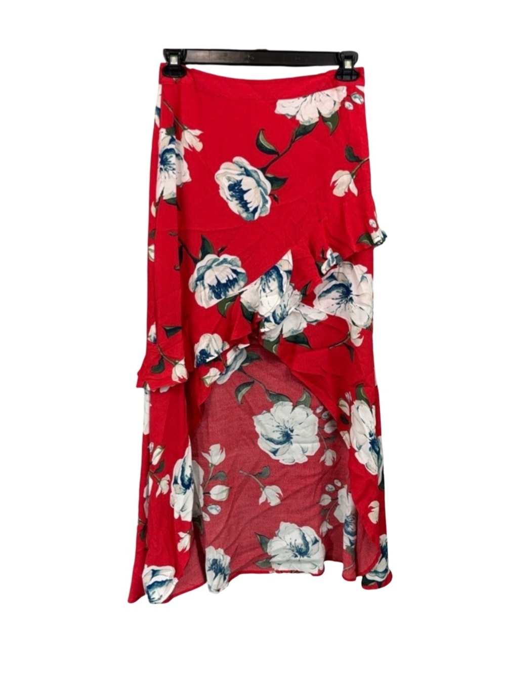 Miss Me Red Wrap Midi Skirt with Asymmetrical Ruffles